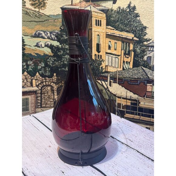 Vintage Red Glass Hanging Lantern Tea Light Holder With Metal Wire Wrap & Handle - Picture 6 of 11